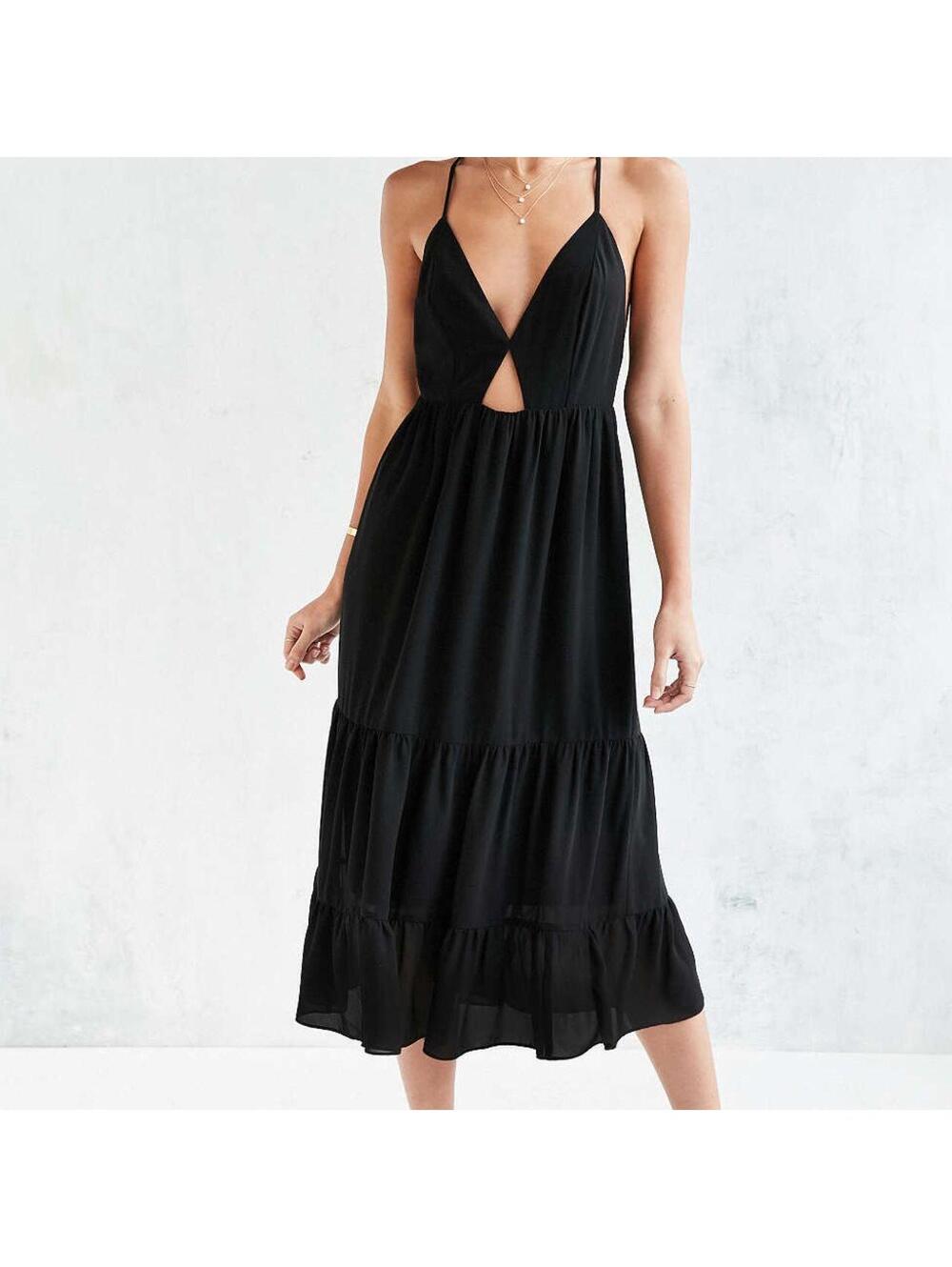 Kimchi Blue Tiered Cutout Midi Dress Size 10 Black Strappy Sheer Hem Whimsigoth